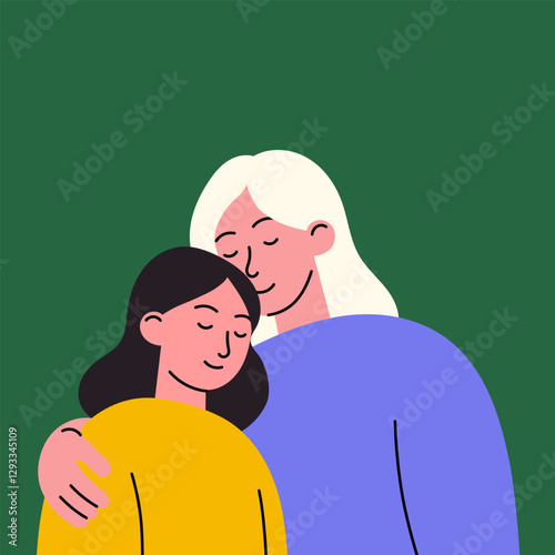Mother and Daughter Hug. Flat cartoon illustration of an elderly mother embracing her adult daughter with love and care. Perfect for Mother's Day, family bonding, relationships, support, and gratitude