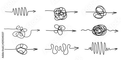 Chaos clarity arrow wire thread doodle sketch set. Hand drawn swirl way line solving trouble, problem collection. 