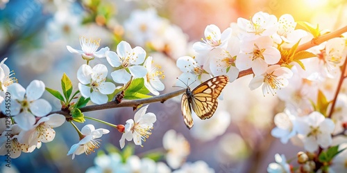 Spring Blossoms Close-up: White Flower Tree with Butterfly