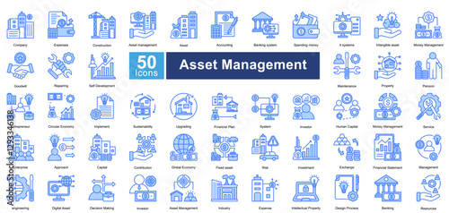 Asset Management icon set in Blue Color style, featuring 50 icons of finance, investment, maintenance, and sustainability. Perfect for business, corporate strategy, and financial planning.