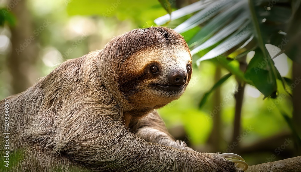 Fototapeta premium Dusky Encounters Majestic BrownThroated Sloth Amidst the Vibrant Neotropical Rainforest at Twilight, Showcasing an Intimate Moment of Natures Mystique and Serenity