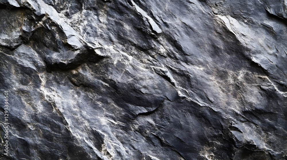 Close up reveals patterns in a dark rugged stone surface Close up reveals patterns in a dark rugged stone surface
