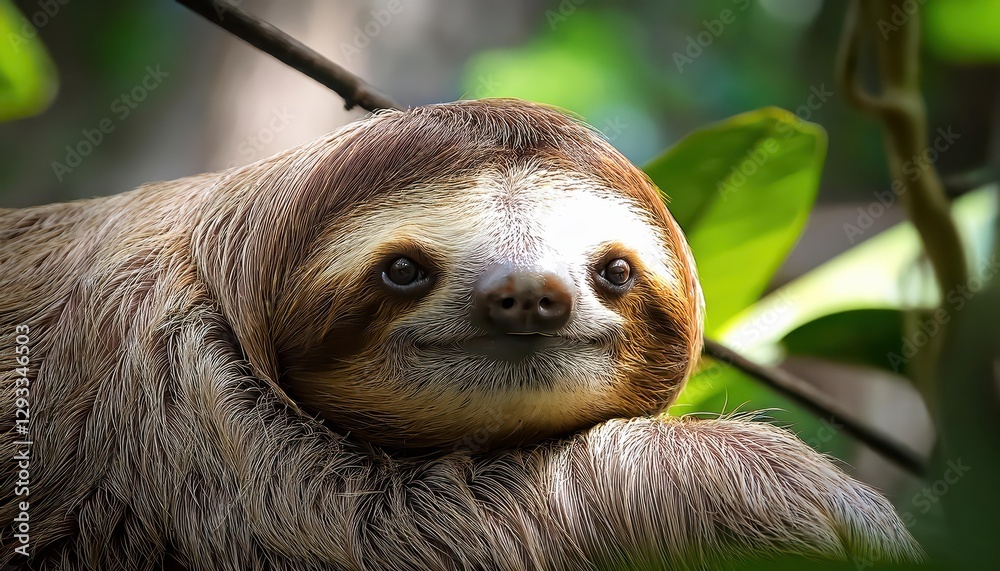 Fototapeta premium Majestic Brownthroated Sloth amidst lush Neotropical Rainforest, Camouflaged Amidst Greenery with Bold Textures and Colorful Foliage, Capturing the Beauty of a Hidden Gem within the Amazon