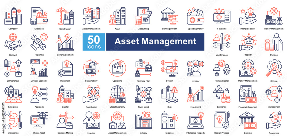 Asset Management icon set in Dual Tone style, featuring 50 icons of finance, investment, maintenance, and sustainability. Perfect for business, corporate strategy, and financial planning. Asset Management icon set in Dual Tone style, featuring 50 icons of finance, investment, maintenance, and sustainability. Perfect for business, corporate strategy, and financial planning.