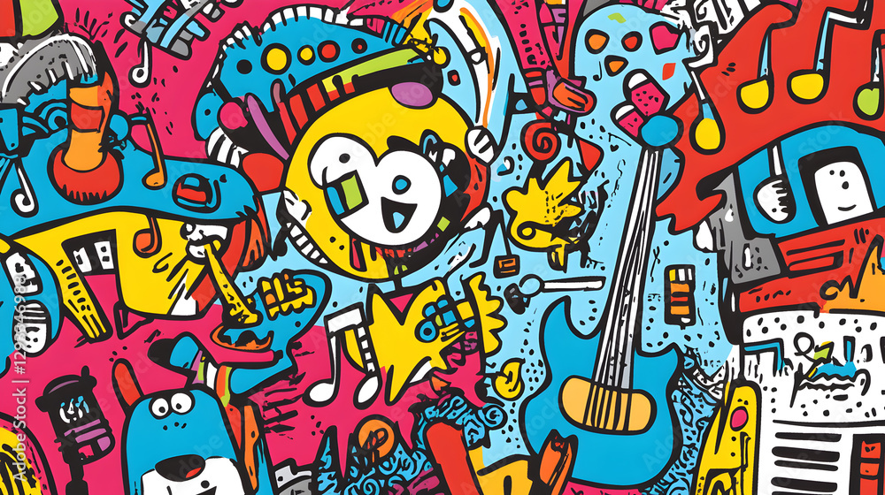 doodle art music scene with animated instruments, dancing notes, and energetic characters enjoying the beat doodle art music scene with animated instruments, dancing notes, and energetic characters enjoying the beat