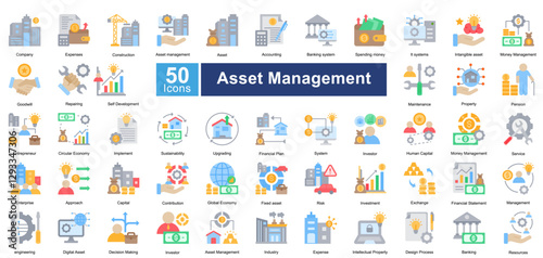 Asset Management icon set in Flat Color style, featuring 50 icons of finance, investment, maintenance, and sustainability. Perfect for business, corporate strategy, and financial planning.