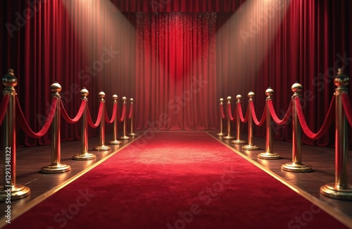Luxurious red carpet entrance with stanchions, velvet ropes leads toward grand stage. Bright spotlights illuminate path, enhancing atmosphere of prestige. Elegant formal event, suitable for awards,