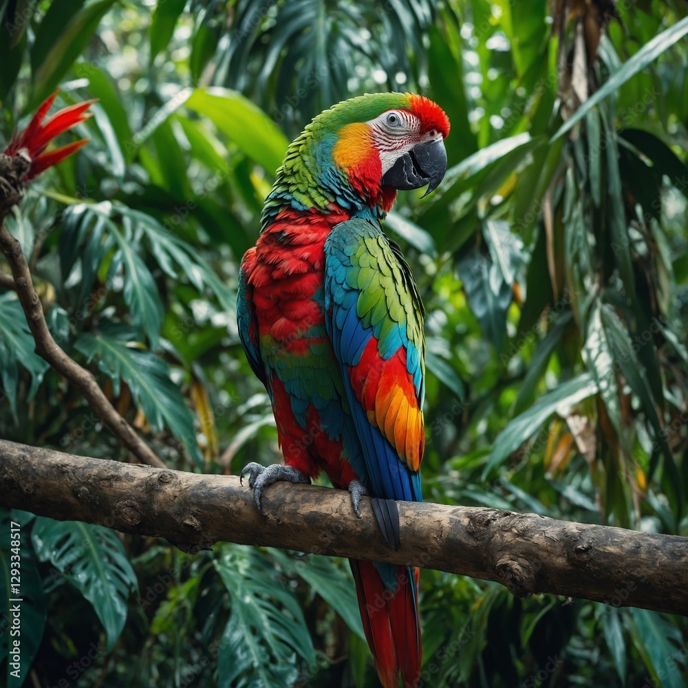 A vibrant parrot perched on a branch, its feathers a dazzling mix of green, blue, and red, with a sharp beak and curious eyes. The tropical background is lush with dense jungle foliage.
A vibrant parrot perched on a branch, its feathers a dazzling mix of green, blue, and red, with a sharp beak and curious eyes. The tropical background is lush with dense jungle foliage.