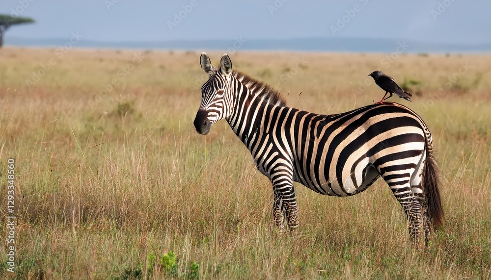 Naklejka premium Adult Burchells Zebra with Wattled Starling Majestic Stripes and Vibrant Avian Companion Against the Serenic African Savannah at Sunset