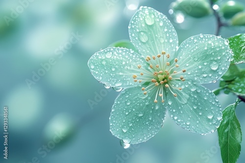 Delicate flower adorned with raindrops in a serene garden setting during springtime