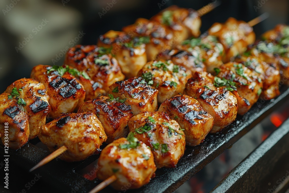Juicy skewers of marinated chicken grilling on an outdoor barbecue for a summer gathering