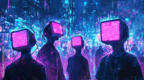 Futuristic cityscape, figures glowing screens for heads, stand neon background. Technology, digital world art, surreal tech ambiance. Atmosphere cyberpunk aesthetic, future virtual reality, modern ai.