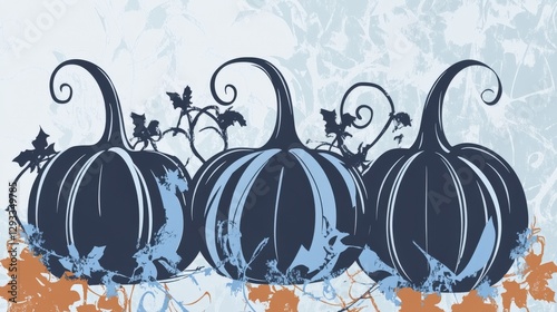 Elegant Blue Pumpkins with Autumnal Vines: A Decorative Fall Design