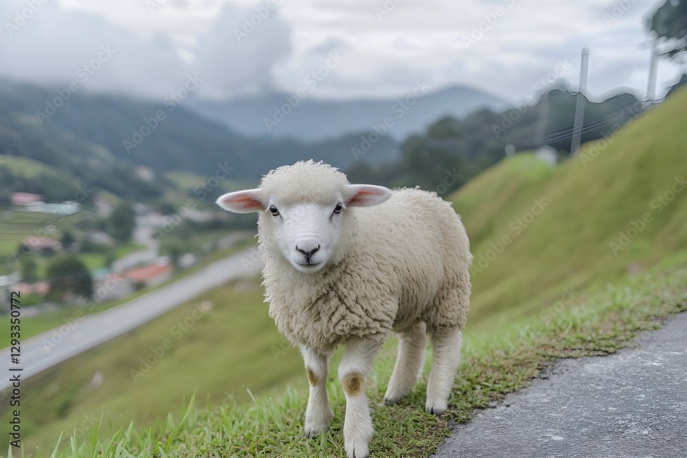 Obraz premium Living Cotton Balls with fluffy fur like clouds, sheep in the Cameron Highlands run around, occasionally turning around with their round, cute eyes