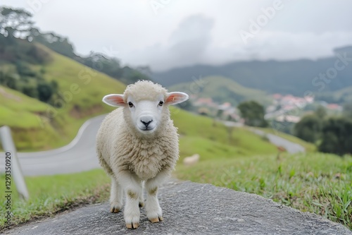 Living Cotton Balls with fluffy fur like clouds, sheep in the Cameron Highlands run around, occasionally turning around with their round, cute eyes photo