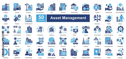 Asset Management icon set in Two Color style, featuring 50 icons of finance, investment, maintenance, and sustainability. Perfect for business, corporate strategy, and financial planning.