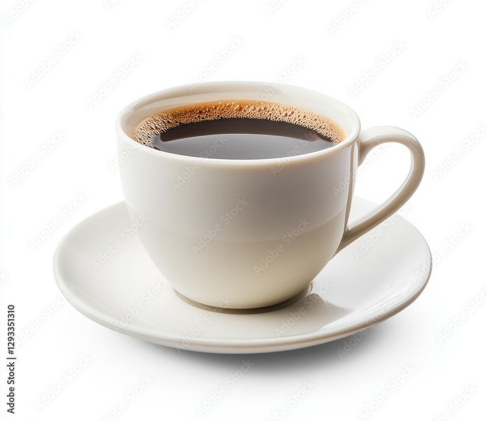 Warm cup of black coffee resting on a simple white saucer in a bright setting Warm cup of black coffee resting on a simple white saucer in a bright setting