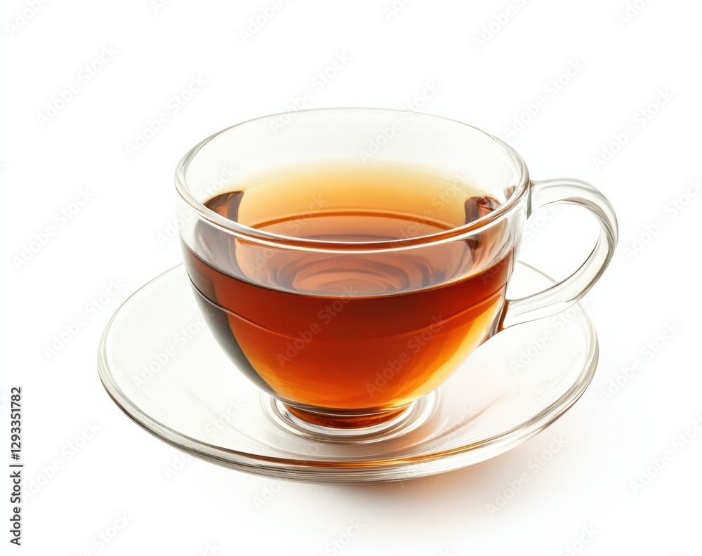 Warm cup of tea resting on a clear saucer, showcasing rich amber color and inviting steam rising in afternoon light Warm cup of tea resting on a clear saucer, showcasing rich amber color and inviting steam rising in afternoon light