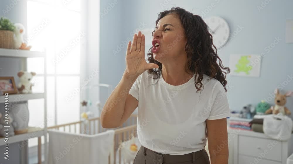 Middle age hispanic woman standing with no idea, arms open in confused clueless gesture in baby room Middle age hispanic woman standing with no idea, arms open in confused clueless gesture in baby room