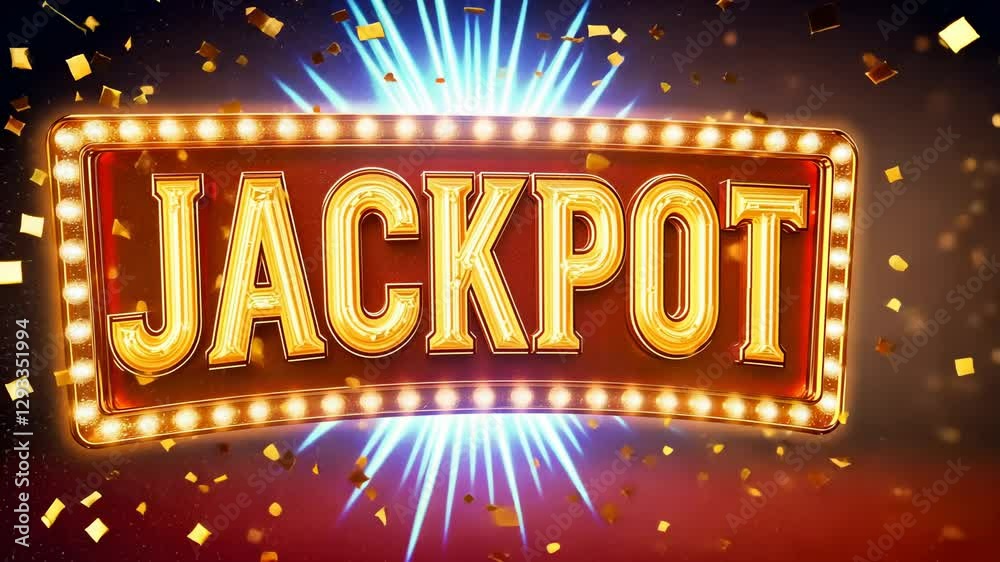 Bright glowing jackpot sign with golden lights and confetti explosion on a festive background Bright glowing jackpot sign with golden lights and confetti explosion on a festive background