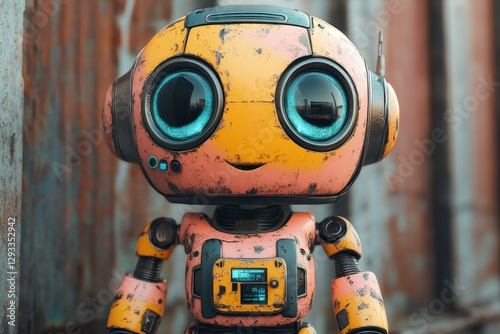 Cute robot with large eyes stands in an industrial setting surrounded by rusted metal structures photo