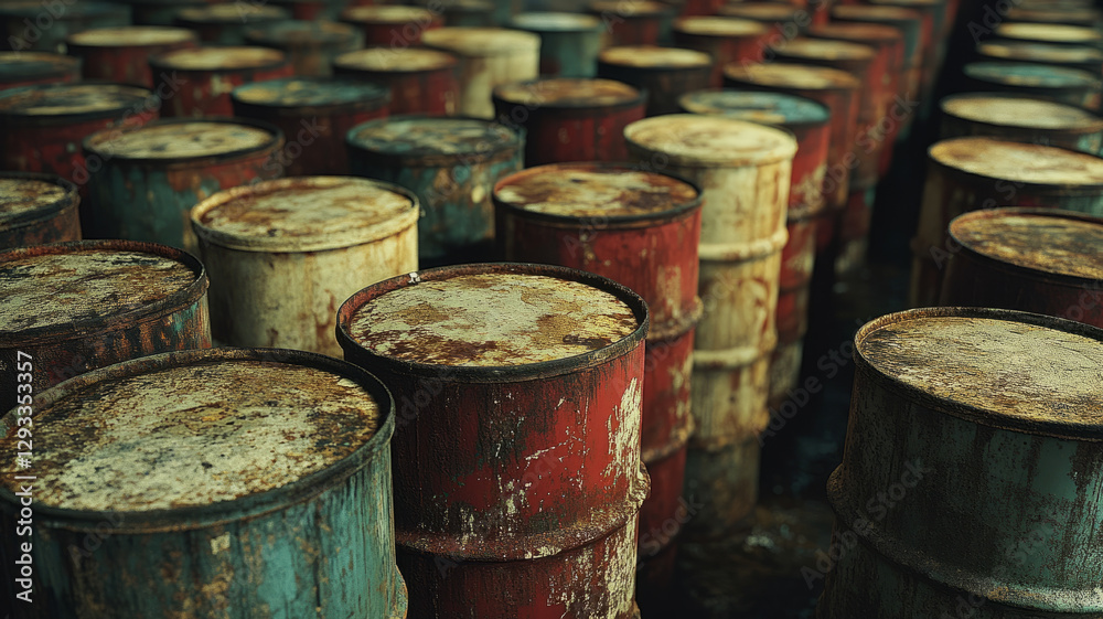 Old rusty oil barrels in an industrial setting. Old rusty oil barrels in an industrial setting.