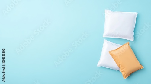 Soft Pillows in White and Orange Colors on Blue Background