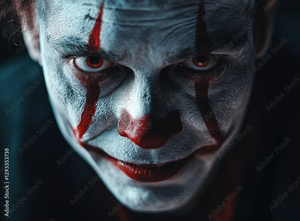 A man with clown-like face makeup stands in the dark, his eyes glowing red as he looks directly into the camera. The background is a brick wall A man with clown-like face makeup stands in the dark, his eyes glowing red as he looks directly into the camera. The background is a brick wall
