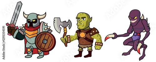 Fantasy cartoon villains and monsters. Dark knight, orc and clawed reaper. Fantasy characters suitable for animation