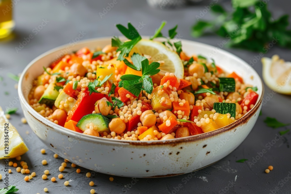 Colorful couscous salad with fresh vegetables. AI image Colorful couscous salad with fresh vegetables. AI image