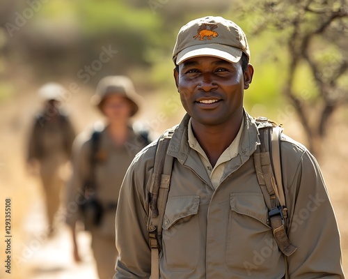 Smiling safari guide leads a trek