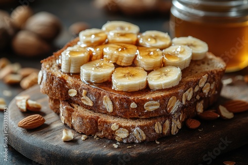 Delicious oat bread topped with banana slices and honey served with nuts in a cozy setting photo