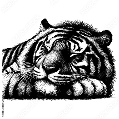 Tiger sleeping line art drawing ink sketch vector hand drawn illustration background