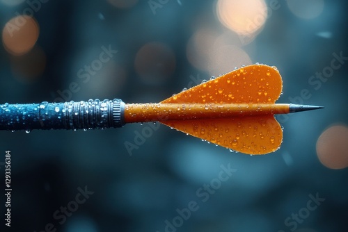 Close-up view of a vibrant orange arrow on a rainy day, showcasing the detail and texture of raindrops on the shaft photo