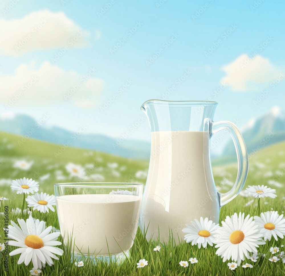 Fresh milk served in a glass and pitcher on a sunny day in a grassy field filled with daisies Fresh milk served in a glass and pitcher on a sunny day in a grassy field filled with daisies