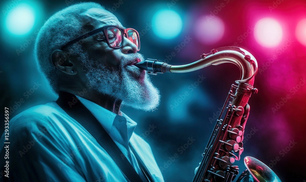 Obraz premium Jazz Musician Playing Saxophone with Passion and Soulful Expression