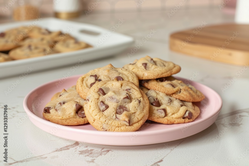 Chocolate chip cookies on pink plate in kitchen. AI image Chocolate chip cookies on pink plate in kitchen. AI image