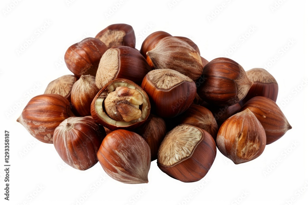 Close-up of hazelnuts on solid white background. AI image Close-up of hazelnuts on solid white background. AI image