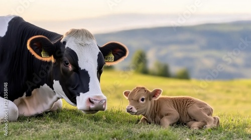 Mother cow resting with her newborn calf in a green pasture