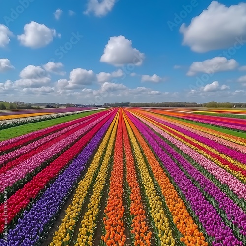 Colorful tulip field, spring, aerial view