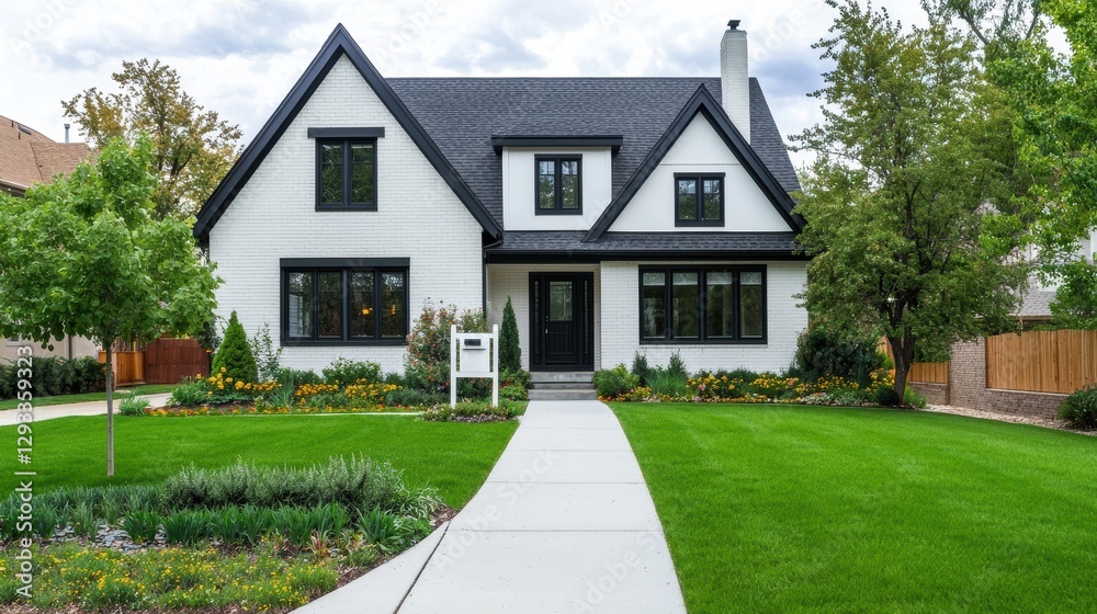 Beautiful modern home with manicured lawn and garden. Real estate concept. Beautiful modern home with manicured lawn and garden. Real estate concept.