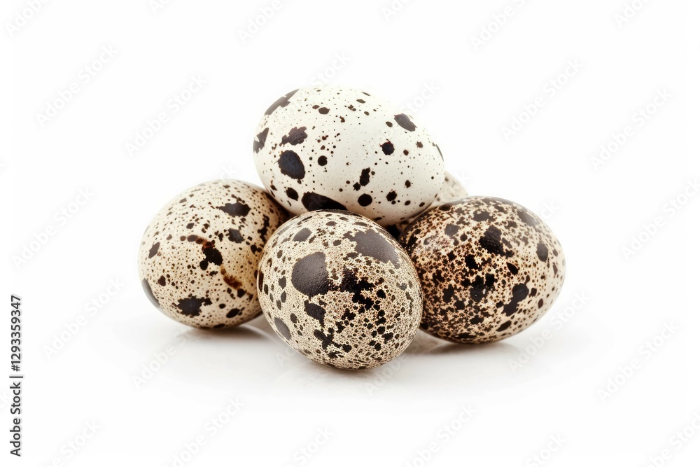Cluster of speckled quail eggs on white background. AI image Cluster of speckled quail eggs on white background. AI image
