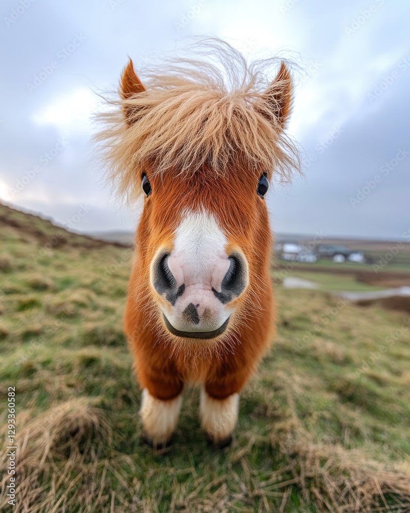 Close-up portrait of a cute, fluffy chestnut pony standing in a grassy field, looking directly at the camera with a playful expression. Close-up portrait of a cute, fluffy chestnut pony standing in a grassy field, looking directly at the camera with a playful expression.