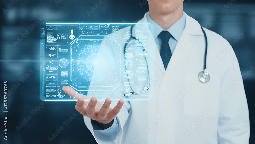 A futuristic medical AI assistant, displayed as a holographic interface above a doctor's palm A futuristic medical AI assistant, displayed as a holographic interface above a doctor's palm