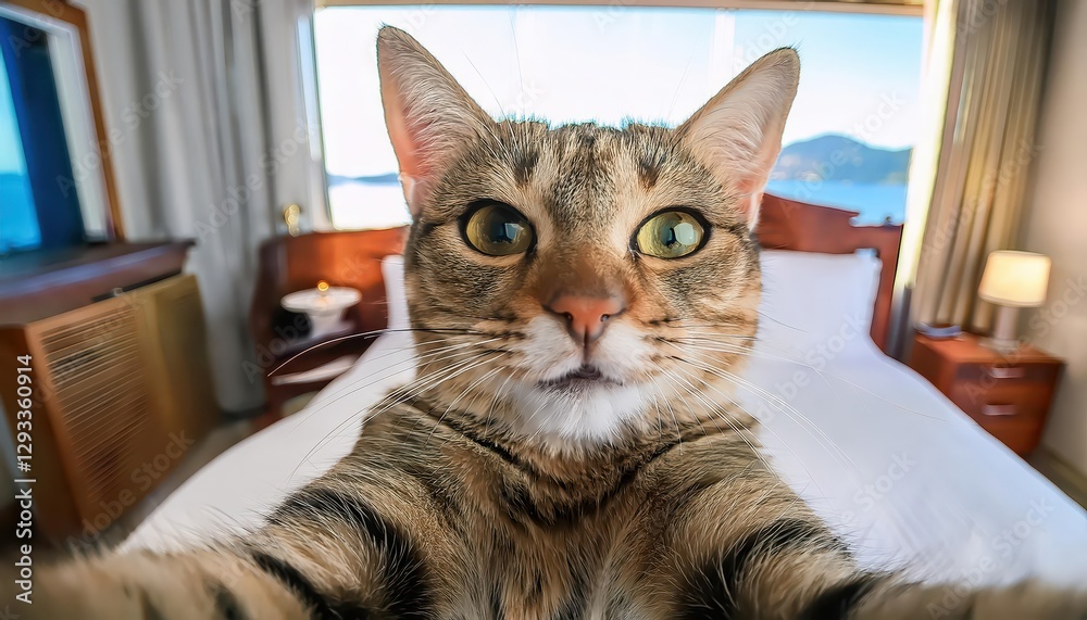 Playful Cat Snapping Selfie in a Luxurious Hotel Room on Holiday A Whimsical Moment Captured Amidst Elegant Decor and Vibrant Accents, Evoking a Feeling of Joy and Wanderlust. Playful Cat Snapping Selfie in a Luxurious Hotel Room on Holiday A Whimsical Moment Captured Amidst Elegant Decor and Vibrant Accents, Evoking a Feeling of Joy and Wanderlust.