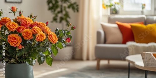 A beautiful arrangement of orange roses brightens a cozy living room. Soft textiles and natural light create a warm atmosphere. Perfect for interior design and floral inspiration. AI