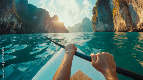 
A close-up of hands holding an oar, on the paddleboard in the sea with a view of mountains, taken with a fisheye lens from a first-person perspective