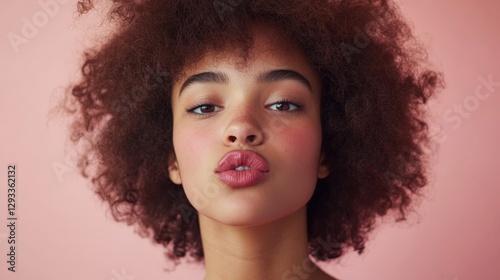 Young woman with afro hairstyle pouting lips