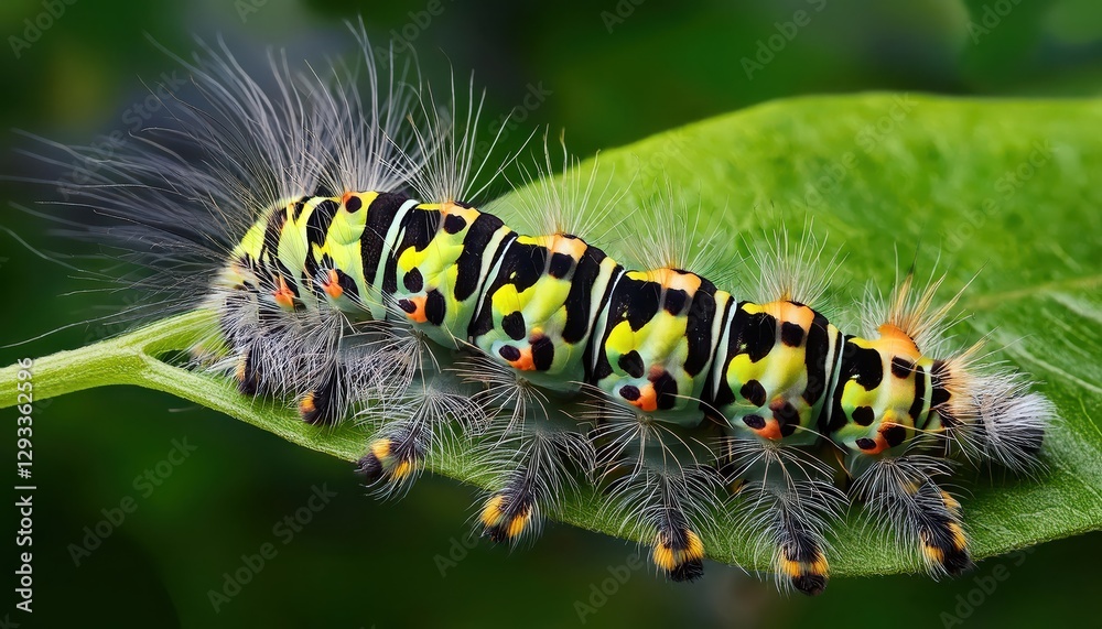 Closeup of Machaon Caterpillar Traversing Lush Green Leaves, Vibrant Closeup of Insect in Natures Palette, Detailed Portrayal of a Butterfly Larva on Vegetation Closeup of Machaon Caterpillar Traversing Lush Green Leaves, Vibrant Closeup of Insect in Natures Palette, Detailed Portrayal of a Butterfly Larva on Vegetation
