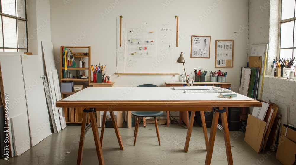 Bright and spacious artist's studio with a large table, art supplies, and natural light. A creative workspace for designers and artists. Bright and spacious artist's studio with a large table, art supplies, and natural light. A creative workspace for designers and artists.